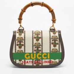 Pre Owned Gucci Brown/Multicolor Canvas Medium 100 Centennial Bamboo Top Handle Bag