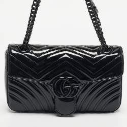 Pre Owned Gucci Black Matelassé Patent Leather Medium GG Marmont Shoulder Bag
