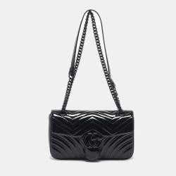 Pre Owned Gucci Black Matelassé Patent Leather Medium GG Marmont Shoulder Bag
