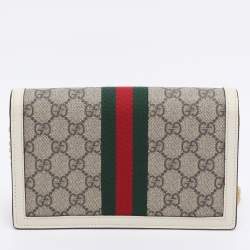 Pre Owned Gucci White/Beige GG Supreme Canvas and Leather Queen Margaret Wallet On Chain