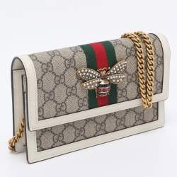 Pre Owned Gucci White/Beige GG Supreme Canvas and Leather Queen Margaret Wallet On Chain