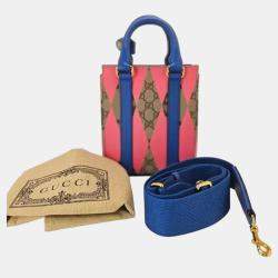 Pre Owned Gucci  GG Supreme Monogram Calfskin Rhombus Mini Tote Bag Beige Ebony Pink Blue