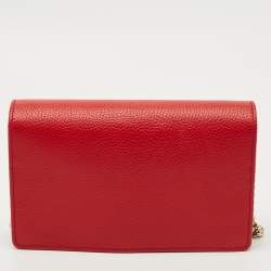 Pre Owned Gucci Red Pebbled Leather Soho Wallet on Chain
