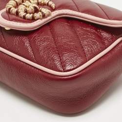 Pre Owned Gucci Red/Pink Diagonal Quilted Leather Super Mini Torchon GG Marmont Shoulder Bag