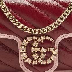 Pre Owned Gucci Red/Pink Diagonal Quilted Leather Super Mini Torchon GG Marmont Shoulder Bag