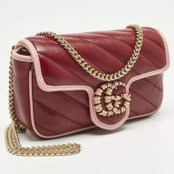 Pre Owned Gucci Red/Pink Diagonal Quilted Leather Super Mini Torchon GG Marmont Shoulder Bag
