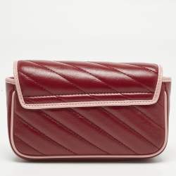 Pre Owned Gucci Red/Pink Diagonal Quilted Leather Super Mini Torchon GG Marmont Shoulder Bag