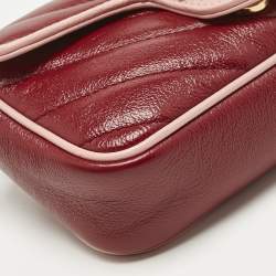 Pre Owned Gucci Red/Pink Diagonal Quilted Leather Super Mini Torchon GG Marmont Shoulder Bag