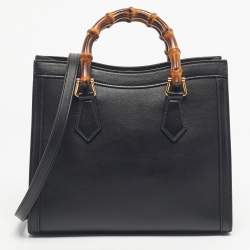 Pre Owned Gucci Black Leather Small Bamboo Diana Tote
