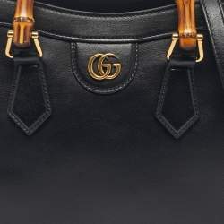 Pre Owned Gucci Black Leather Small Bamboo Diana Tote