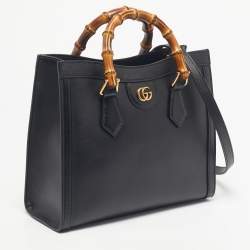 Pre Owned Gucci Black Leather Small Bamboo Diana Tote