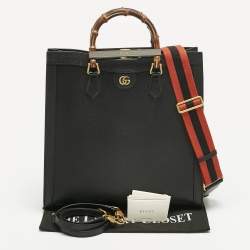 Pre Owned Gucci Black Leather Large Bamboo Diana Tote