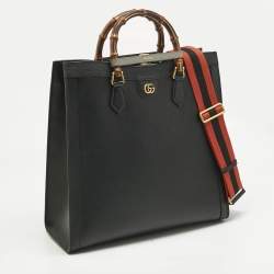 Pre Owned Gucci Black Leather Large Bamboo Diana Tote