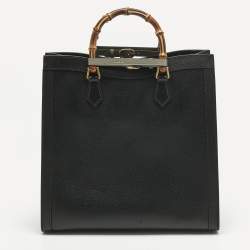 Pre Owned Gucci Black Leather Large Bamboo Diana Tote