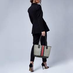 Pre Owned Gucci Beige/Navy Blue GG Supreme Canvas and Leather Small Ophidia Tote