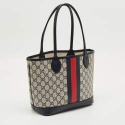 Pre Owned Gucci Beige/Navy Blue GG Supreme Canvas and Leather Small Ophidia Tote