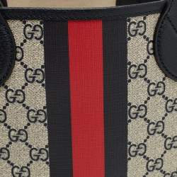 Pre Owned Gucci Beige/Navy Blue GG Supreme Canvas and Leather Small Ophidia Tote