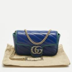 Pre Owned Gucci Blue/Green Diagonal Quilt Leather Super Mini GG Marmont Torchon Shoulder Bag