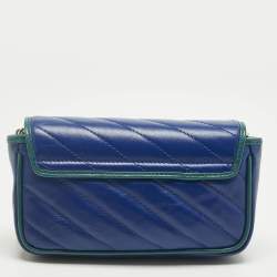Pre Owned Gucci Blue/Green Diagonal Quilt Leather Super Mini GG Marmont Torchon Shoulder Bag