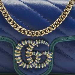 Pre Owned Gucci Blue/Green Diagonal Quilt Leather Super Mini GG Marmont Torchon Shoulder Bag