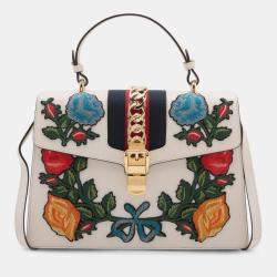 Pre Owned Gucci White Medium Floral Embroidered Leather Sylvie Top Handle Bag