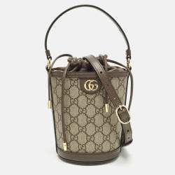 Pre Owned Gucci Ophidia Mini Beige/Brown GG Supreme Canvas and Leather Bucket Bag
