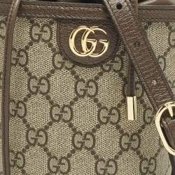 Pre Owned Gucci Ophidia Mini Beige/Brown GG Supreme Canvas and Leather Bucket Bag