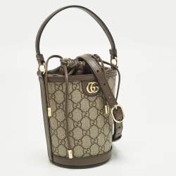 Pre Owned Gucci Ophidia Mini Beige/Brown GG Supreme Canvas and Leather Bucket Bag