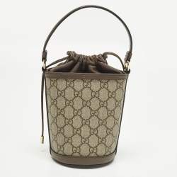 Pre Owned Gucci Ophidia Mini Beige/Brown GG Supreme Canvas and Leather Bucket Bag