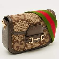 Pre Owned Gucci Horsebit 1955 Mini Beige/Brown Jumbo GG Canvas and Leather Shoulder Bag