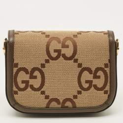 Pre Owned Gucci Horsebit 1955 Mini Beige/Brown Jumbo GG Canvas and Leather Shoulder Bag