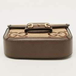 Pre Owned Gucci Horsebit 1955 Mini Beige/Brown Jumbo GG Canvas and Leather Shoulder Bag