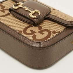 Pre Owned Gucci Horsebit 1955 Mini Beige/Brown Jumbo GG Canvas and Leather Shoulder Bag