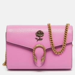 Pre Owned Gucci Garden Dionysus Pink Leather Wallet On Chain