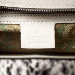 Pre Owned Gucci Cream Python and Leather Ottilia Bee Printed Bamboo Top Handle Bag
