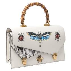 Pre Owned Gucci Cream Python and Leather Ottilia Bee Printed Bamboo Top Handle Bag