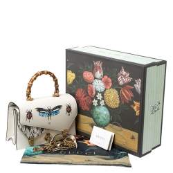 Pre Owned Gucci Cream Python and Leather Ottilia Bee Printed Bamboo Top Handle Bag