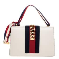 مملوكة مسبقًا Gucci Ivory Floral Embroidered Leather Small Web Chain Sylvie Shoulder Bag