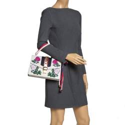 مملوكة مسبقًا Gucci Ivory Floral Embroidered Leather Small Web Chain Sylvie Shoulder Bag