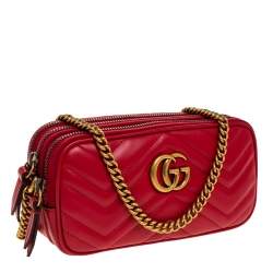 Pre Owned Gucci Red Leather Mini GG Marmont Chain Shoulder Bag
