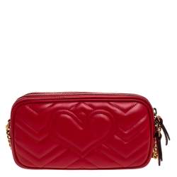 Pre Owned Gucci Red Leather Mini GG Marmont Chain Shoulder Bag