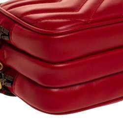 Pre Owned Gucci Red Leather Mini GG Marmont Chain Shoulder Bag