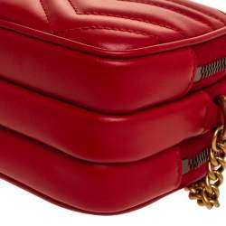 Pre Owned Gucci Red Leather Mini GG Marmont Chain Shoulder Bag