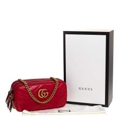 Pre Owned Gucci Red Leather Mini GG Marmont Chain Shoulder Bag