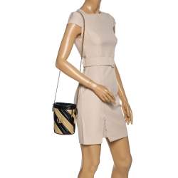 Pre Owned Gucci Black/Beige Diagonal Leather Mini GG Marmont Torchon Bucket Bag      