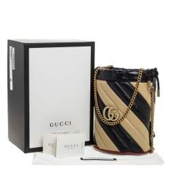 Pre Owned Gucci Black/Beige Diagonal Leather Mini GG Marmont Torchon Bucket Bag      