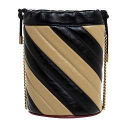 Pre Owned Gucci Black/Beige Diagonal Leather Mini GG Marmont Torchon Bucket Bag      
