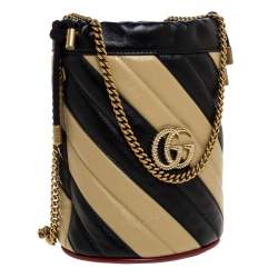 Pre Owned Gucci Black/Beige Diagonal Leather Mini GG Marmont Torchon Bucket Bag      