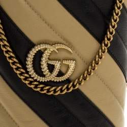 Pre Owned Gucci Black/Beige Diagonal Leather Mini GG Marmont Torchon Bucket Bag      