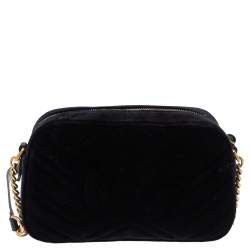 Pre Owned Gucci Black Matelasse Velvet Small GG Marmont Shoulder Bag